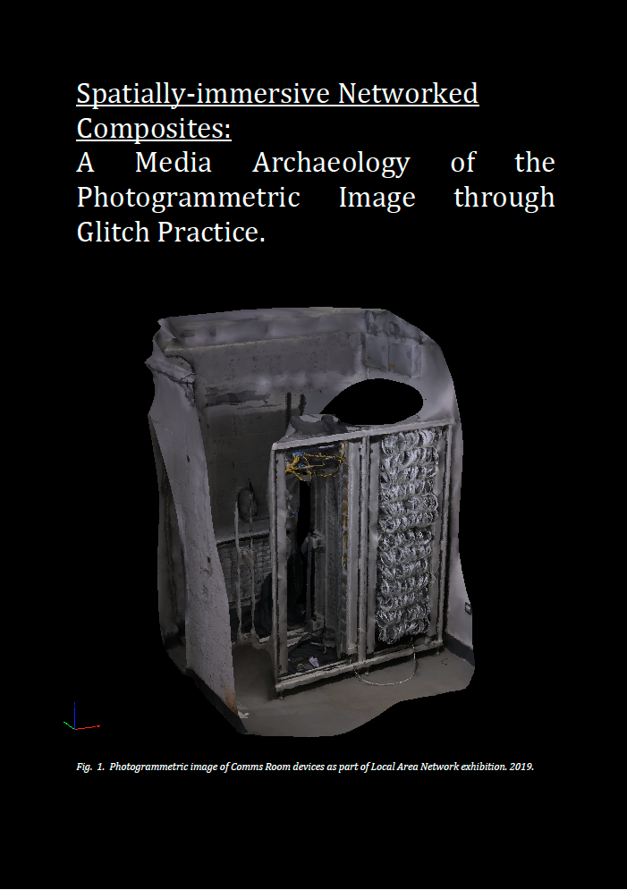 Thesis page showing a glitched photogrammetric model of communications-room equipment